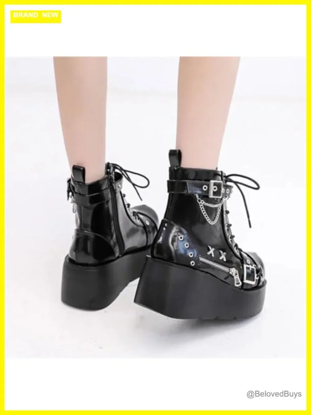 Goth Platform Ankle Boots with Bat Wing Buckles Chunky Block Heels Punk Combat